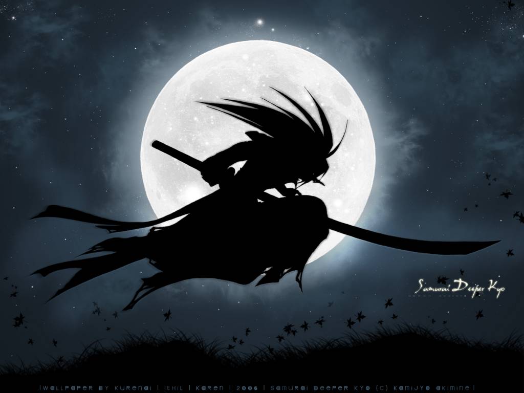 A silhouetted samurai with long, flowing hair and a katana leaps across the night sky, illuminated by a large, bright moon.  Dark anime aesthetic with falling leaves