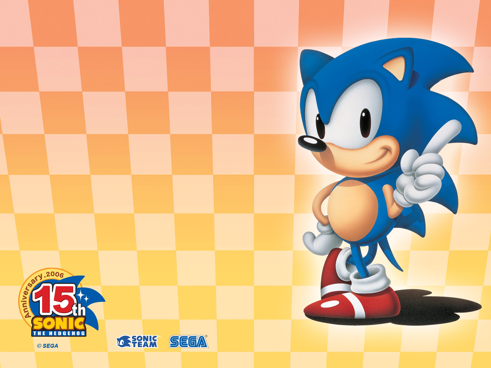 Classic Sonic the Hedgehog on a checkered background, celebrating his 15th anniversary