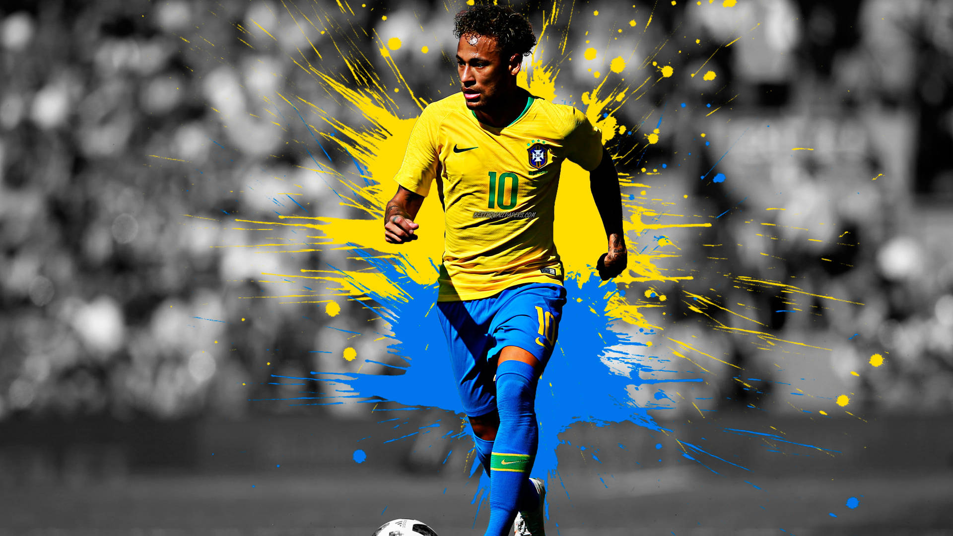 Neymar Jr. dribbling in a Brazil jersey against a blurred stadium background with yellow and blue paint splatters
