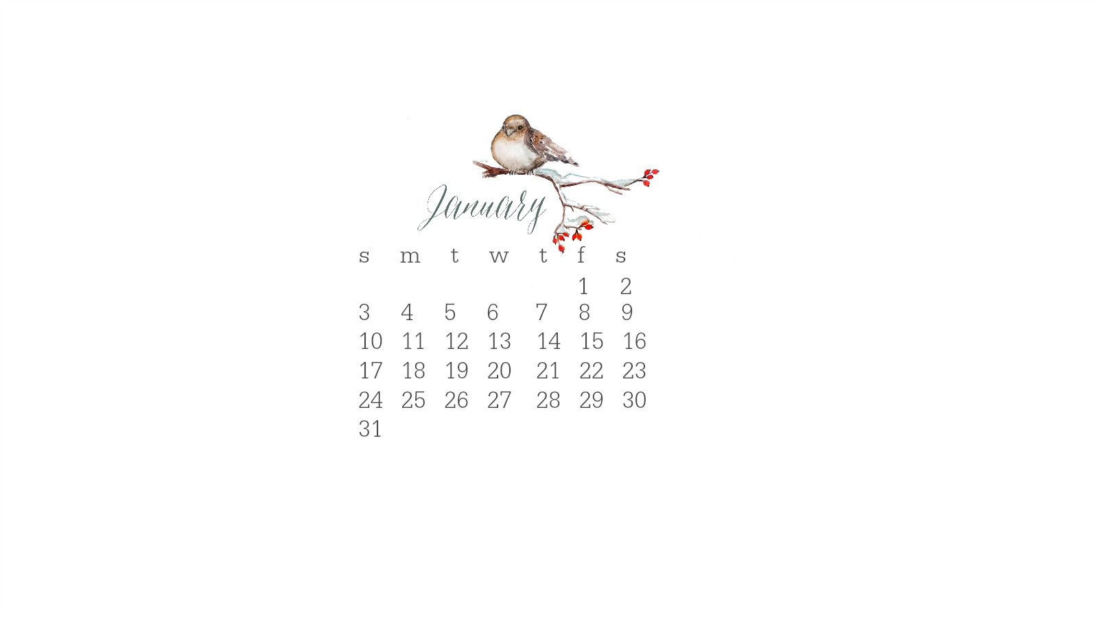 January 2016 Watercolor Desktop Calendar 1600x900