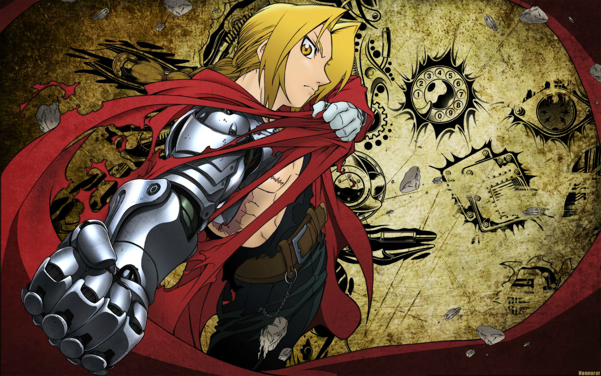 Edward Elric from Fullmetal Alchemist, revealing his automail arm, against a steampunk background