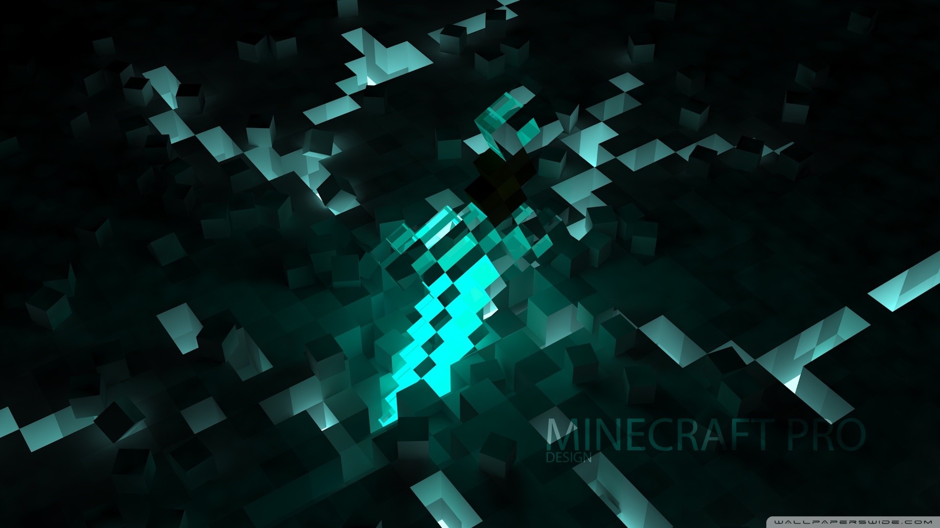 A glowing diamond sword emerging from dark pixelated blocks, representing Minecraft's signature tool and blocky world