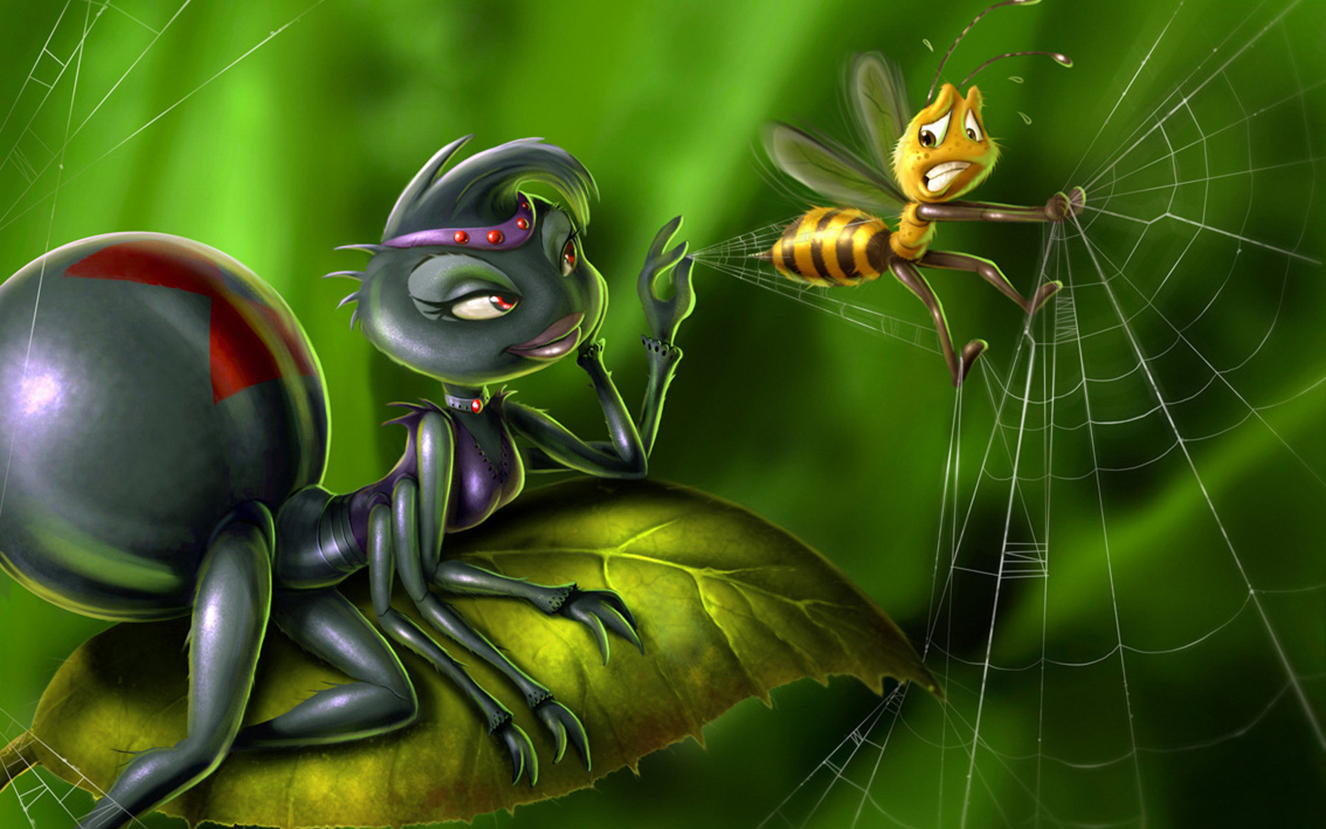 A humorous cartoon image of a glamorous spider on a leaf, watching a distressed bee caught in her web
