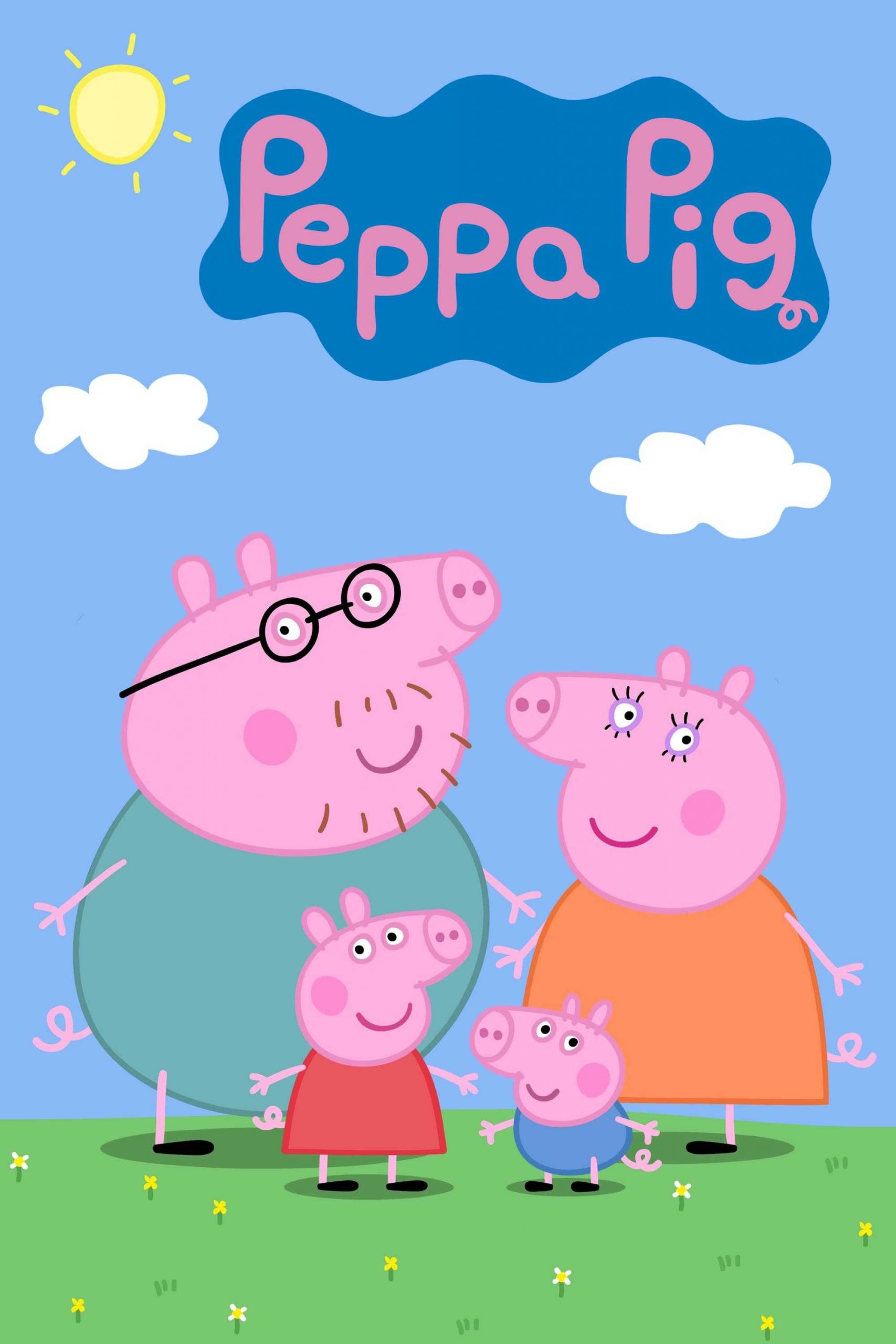 Peppa Pig family portrait in front of a bright blue sky