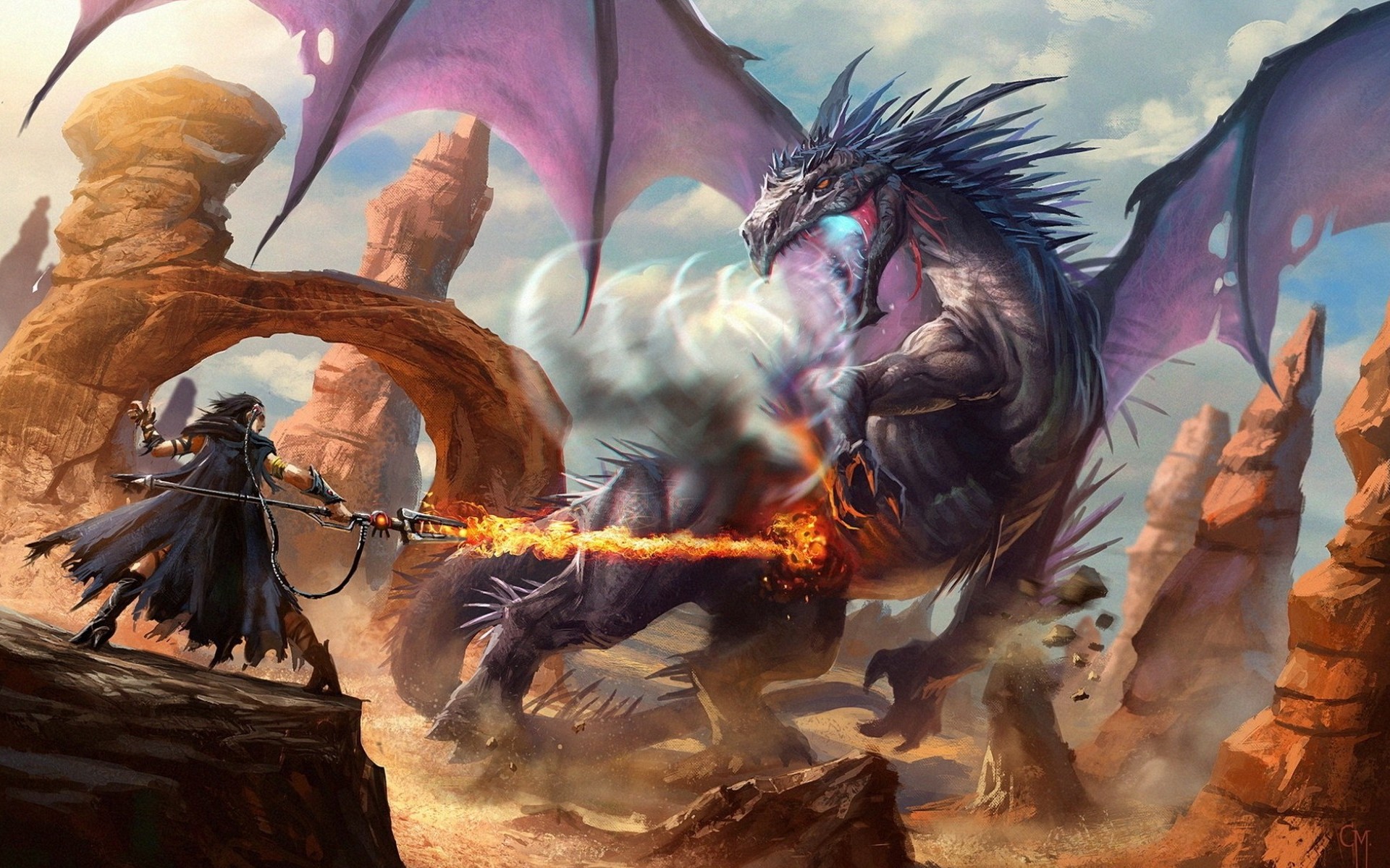 Fantasy Dragon Fight Warrior HD Wallpaper