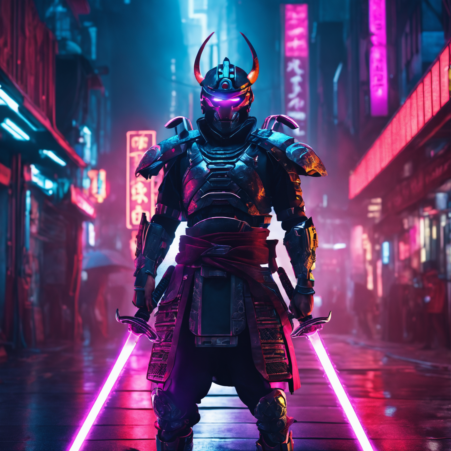 Cyborg Samurai Holding A Neon Sword Standing In Cyberpunk