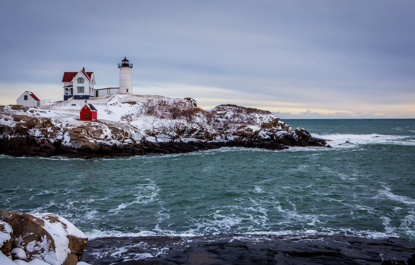 Wallpaper Winter Sea The Sky Snow Clouds House Lighthouse