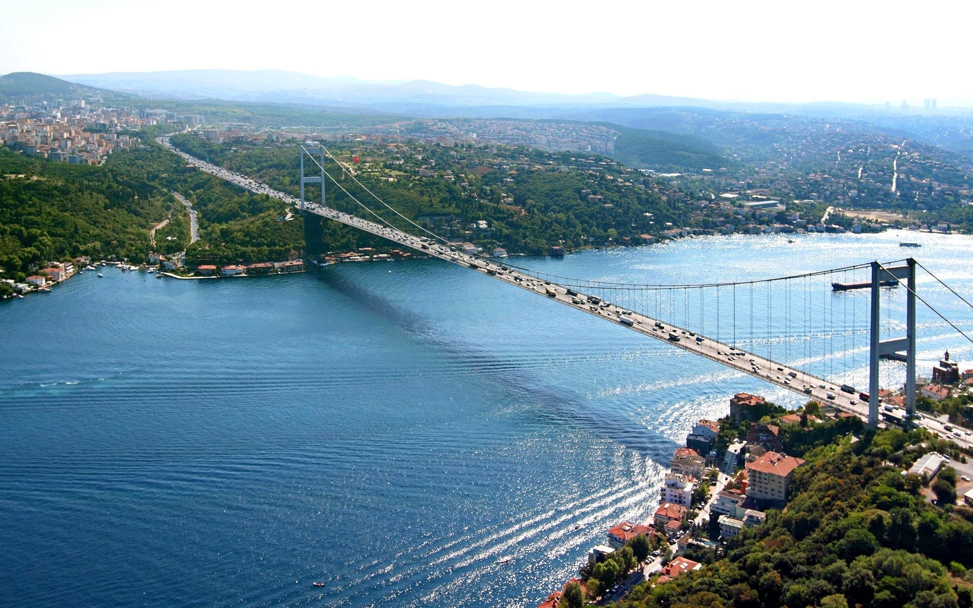 Aerial view of the Fatih Sultan Mehmet Bridge spanning the Bosphorus Strait in Istanbul, Turkey
