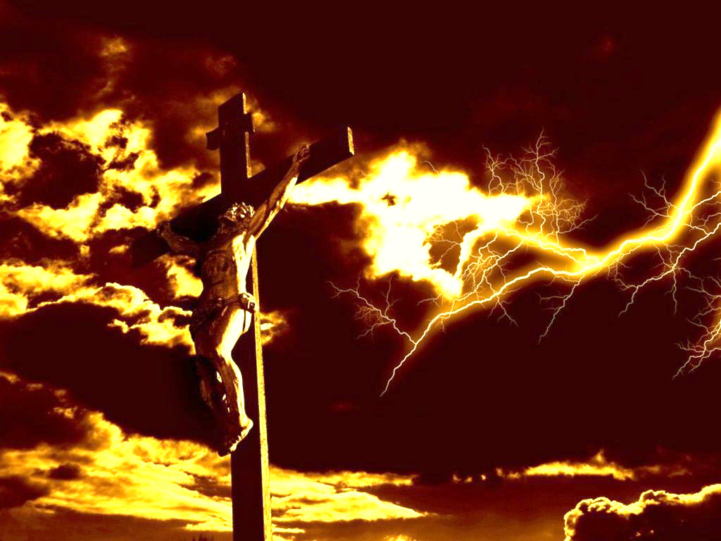 Dramatic Lightning Over Christ On The Cross Desktop Wallpaper Image