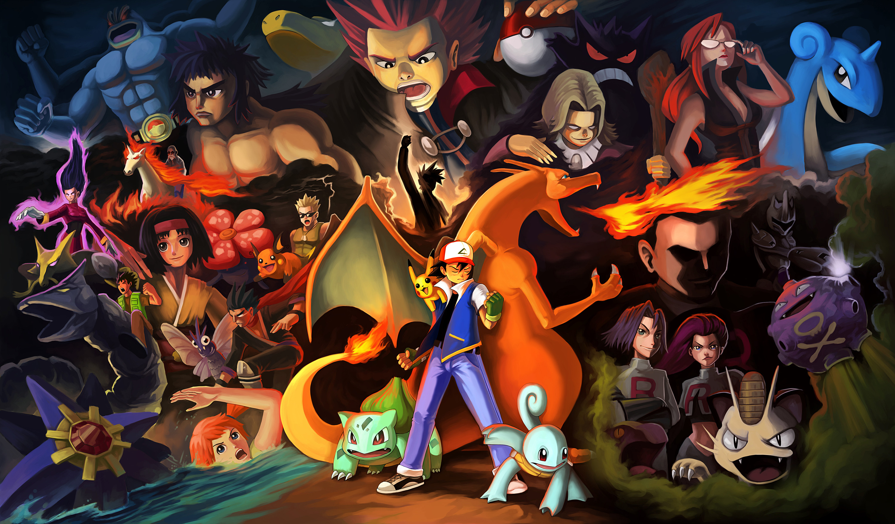A vibrant collage of iconic Pokémon characters and creatures, showcasing Ash Ketchum with Pikachu, Charizard, Bulbasaur, and Squirtle, alongside various trainers, villains, and legendary Pokémon