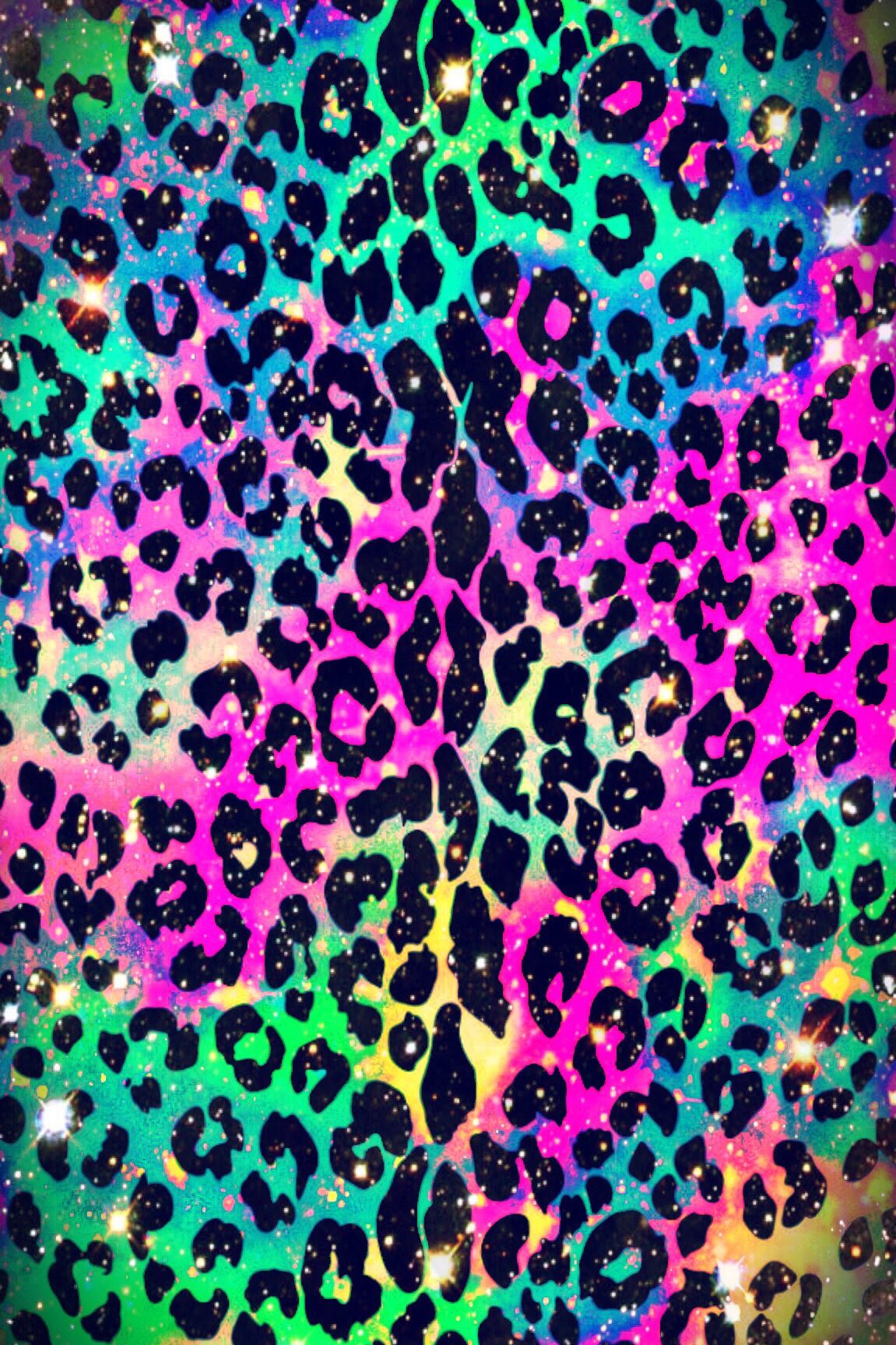 Vibrant leopard print on a colorful glittery, galaxy background wallpaper