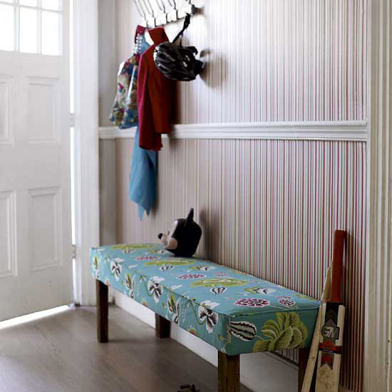 Stripes Wallpaper And Floral Upholstery Fabric For Entryway Bench