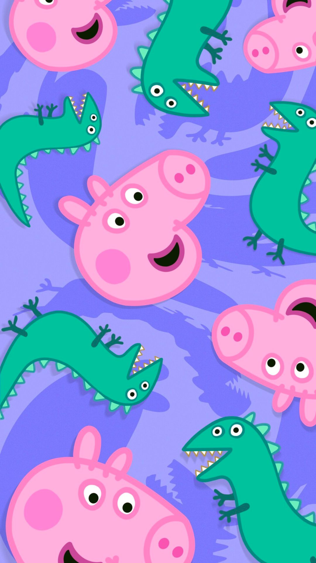 Whimsical wallpaper featuring Peppa Pig and dinosaur characters on a purple background