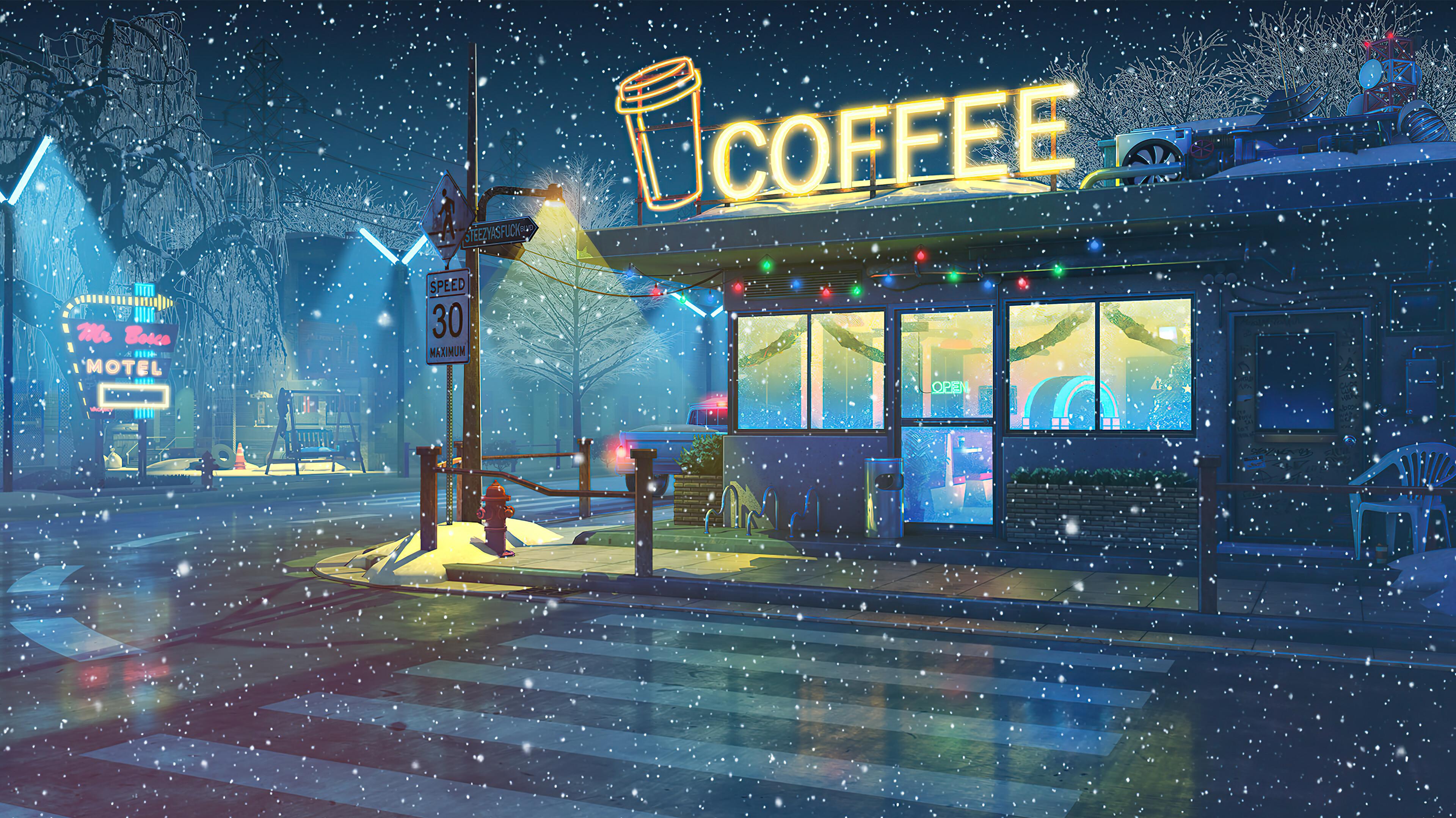 Coffee Shop Holiday Night HD 4k Wallpaper