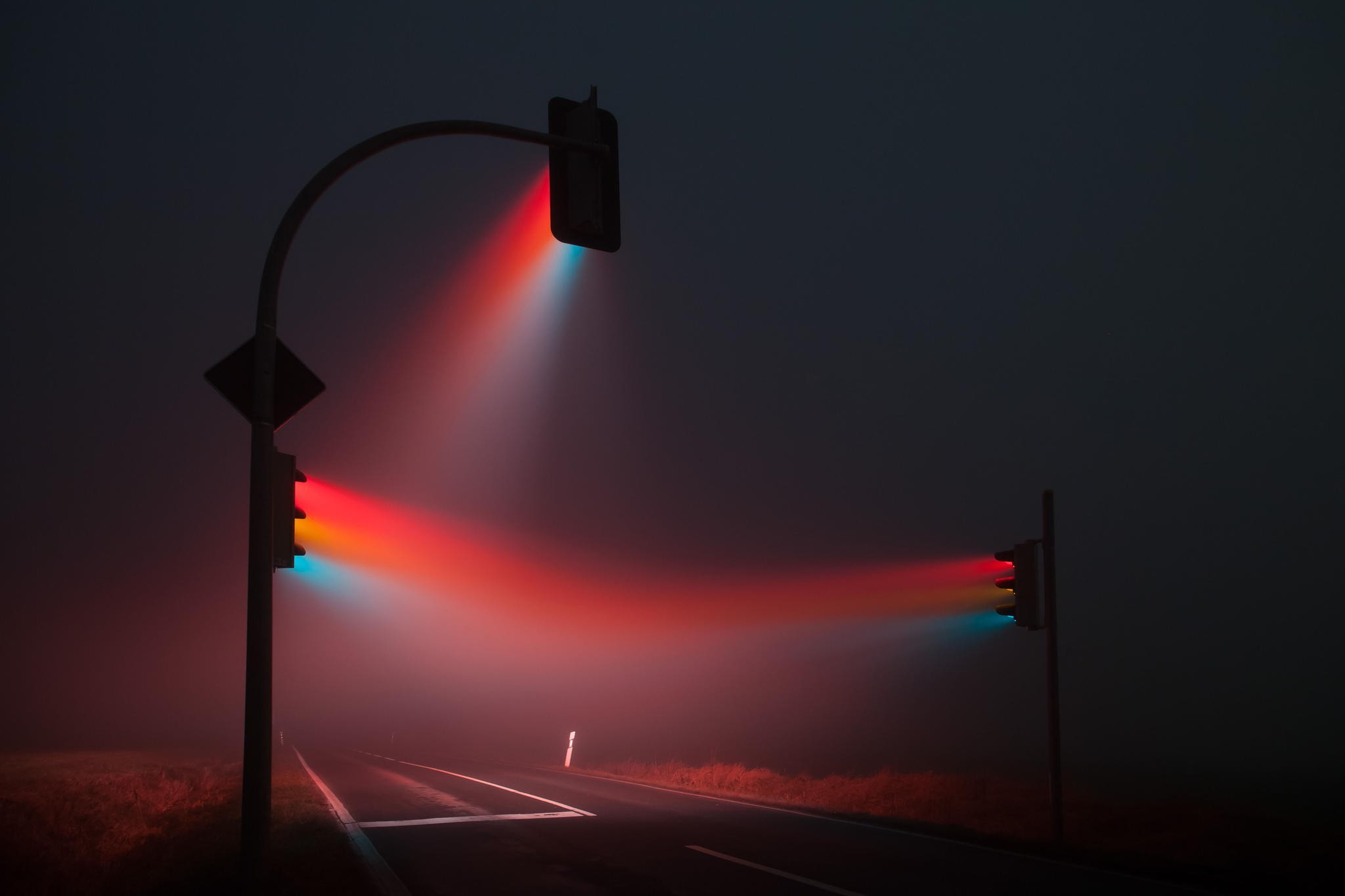 Road Red Blue Traffic Lights Mist Wallpaper
