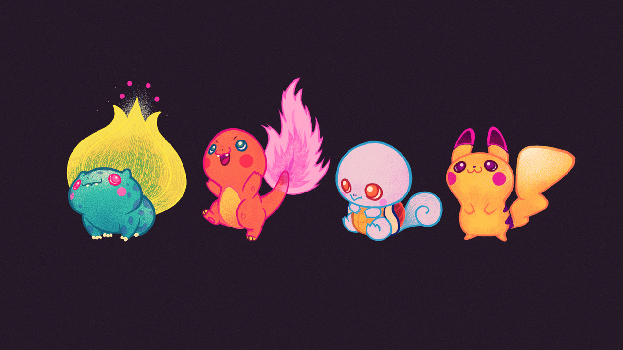Illustration Gaming Pokemon Wallpaper Neon Kanto Starters