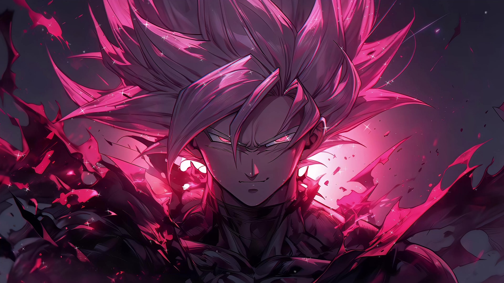 A vibrant illustration of Goku Black, a popular character from the Dragon Ball Super anime series, emanating powerful, dark pink energy. Ideal for live wallpapers