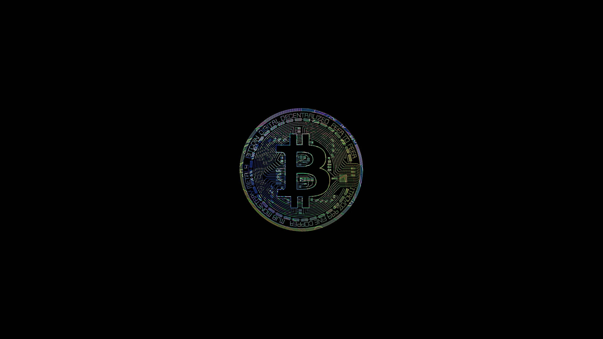 A vibrant, holographic Bitcoin logo against a dark background, symbolizing the digital and decentralized nature of cryptocurrency