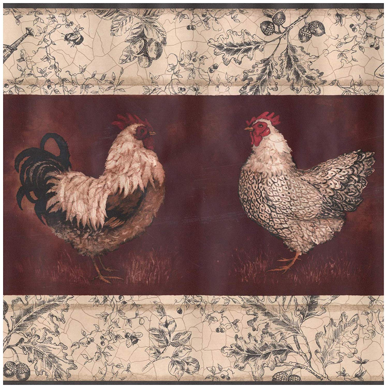 Prepasted Wallpaper Border   Beige Black White Rooster Hen Wine