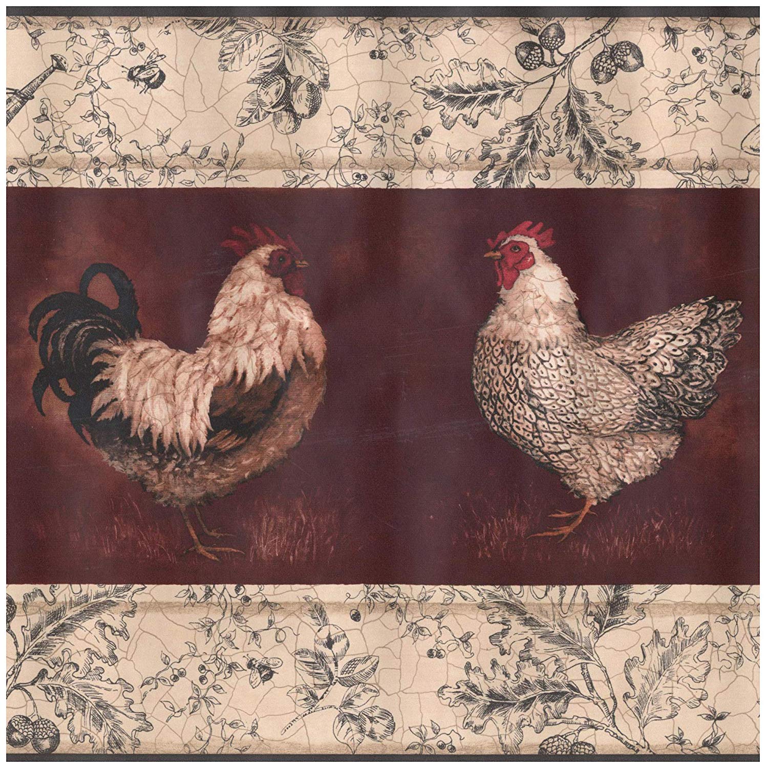 Prepasted Wallpaper Border Beige Black White Rooster Hen Wine