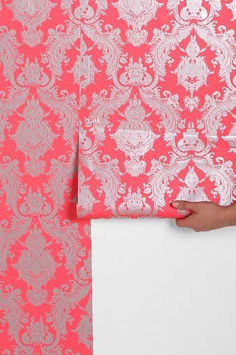 Coral And Silver Damask Wallpaper