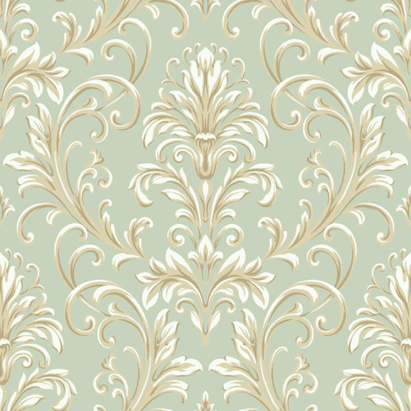 Green And Gold Feathered Damask Wallpaper Wall Sticker Outlet