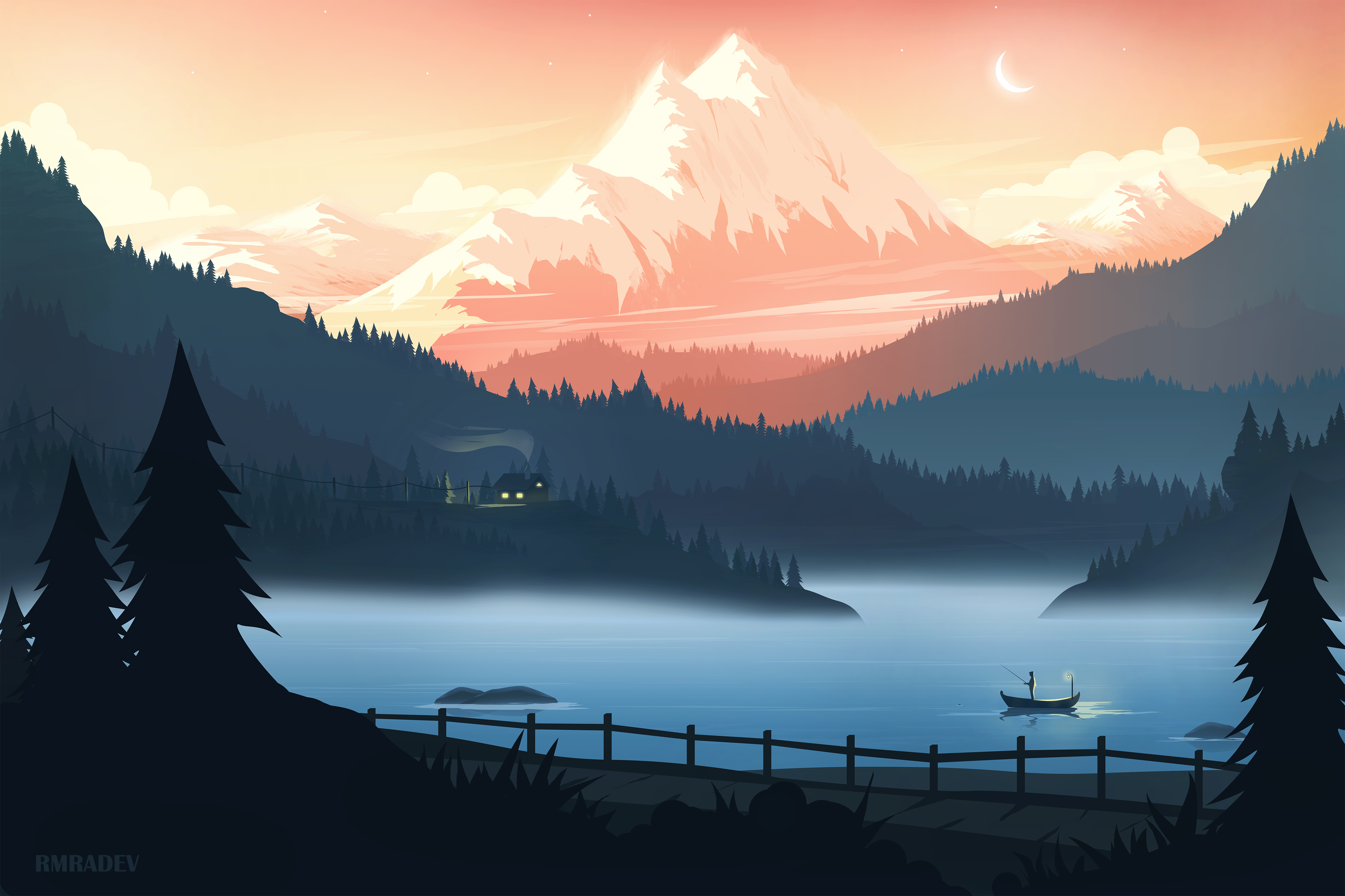 Minimalist 4k wallpaper of a serene lake at sunset with a mountain backdrop and a lone boat