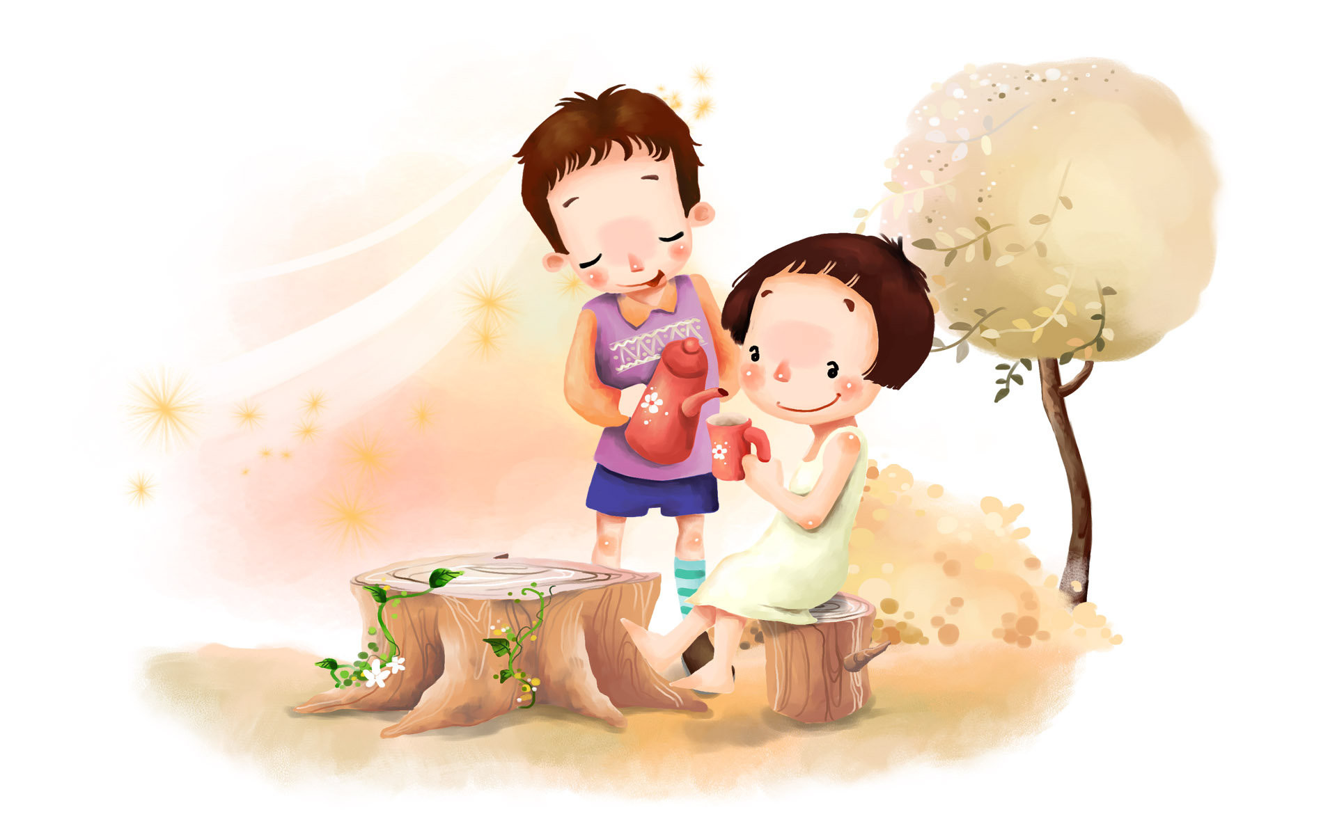 Cute cartoon children sharing a drink in a whimsical outdoor setting