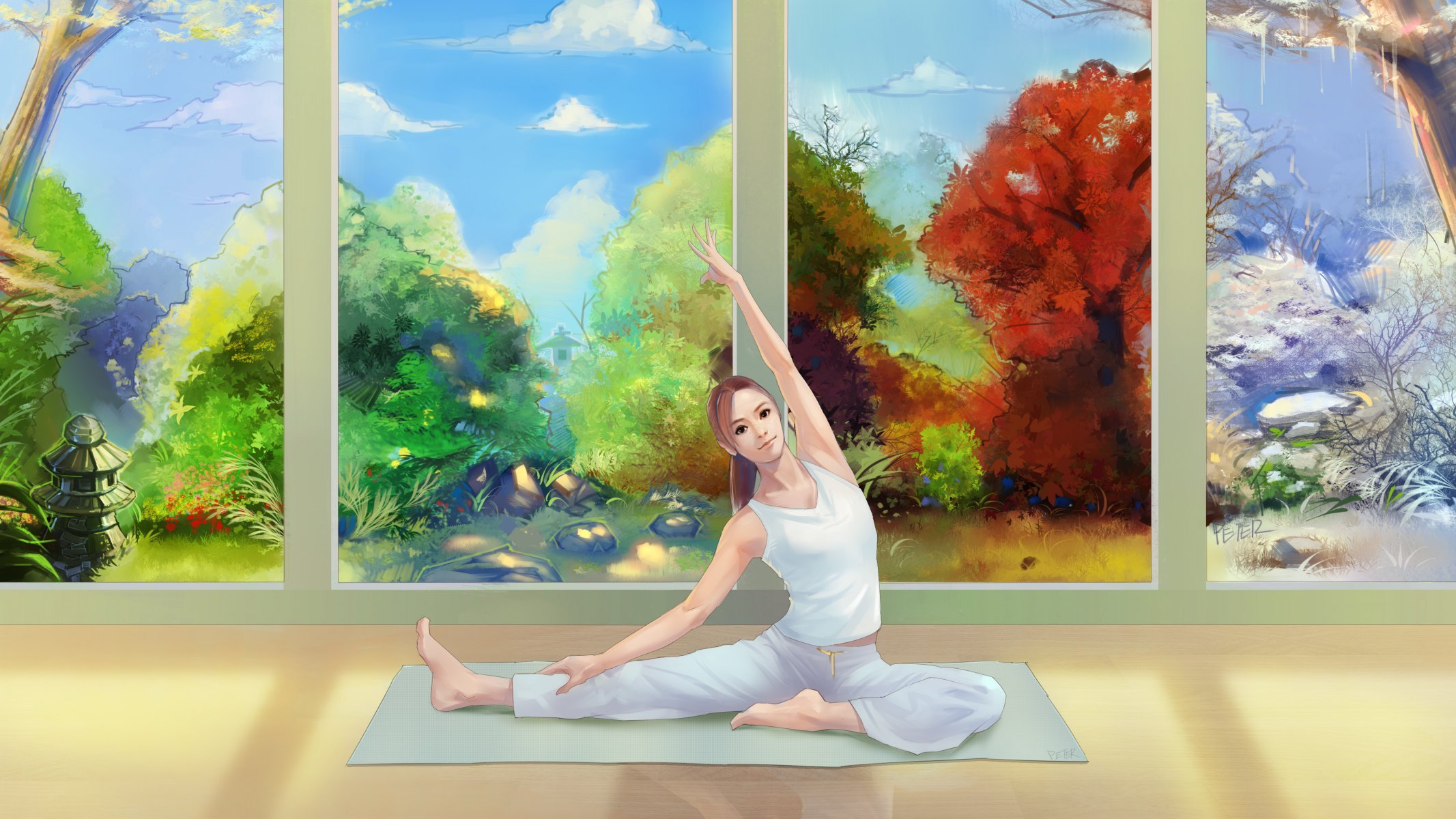 Painting Art Girl Yoga Mat Seasons Summer Autumn Winter