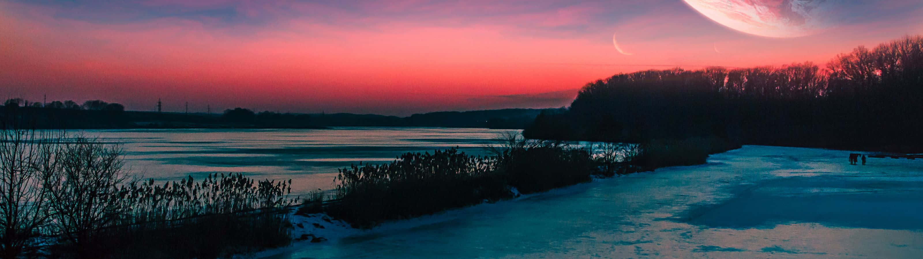 A breathtaking 3200x900 wallpaper showcasing a vibrant pink and purple sunset over a frozen lake, with silhouetted trees and a large, fictional planet in the sky