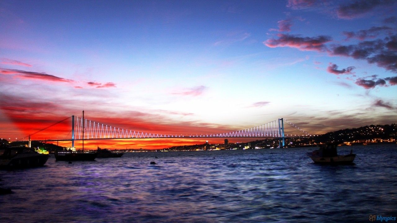 Istanbul Sunset At Bosphorus Bridge In Turkey