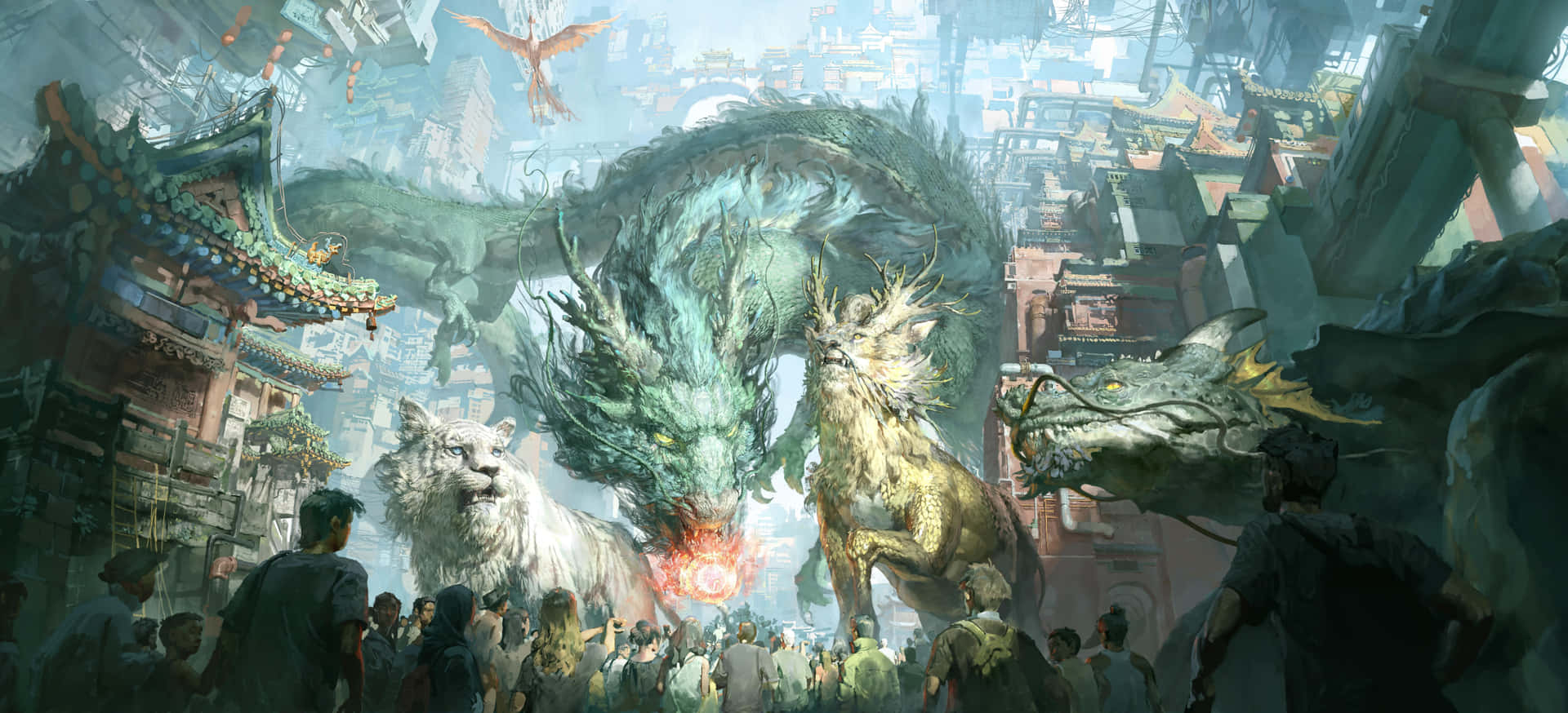 A Magical Mythical Dragon Soars Across The Sky As Fire And Ice Wallpaper