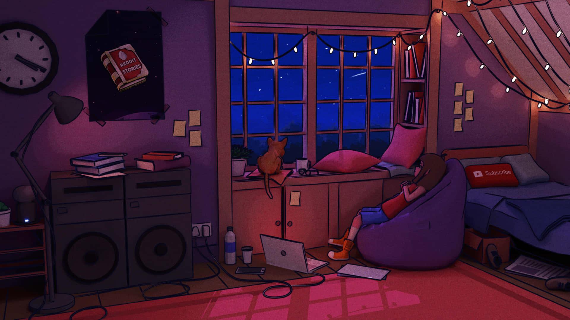 Vtuber Background Animated Cosy Lofi Bedroom Purple Looped 