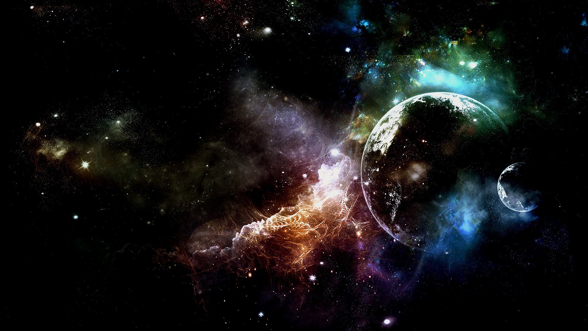 Vivid depiction of a vibrant nebula and two planets in outer space, creating a stunning cosmic scene