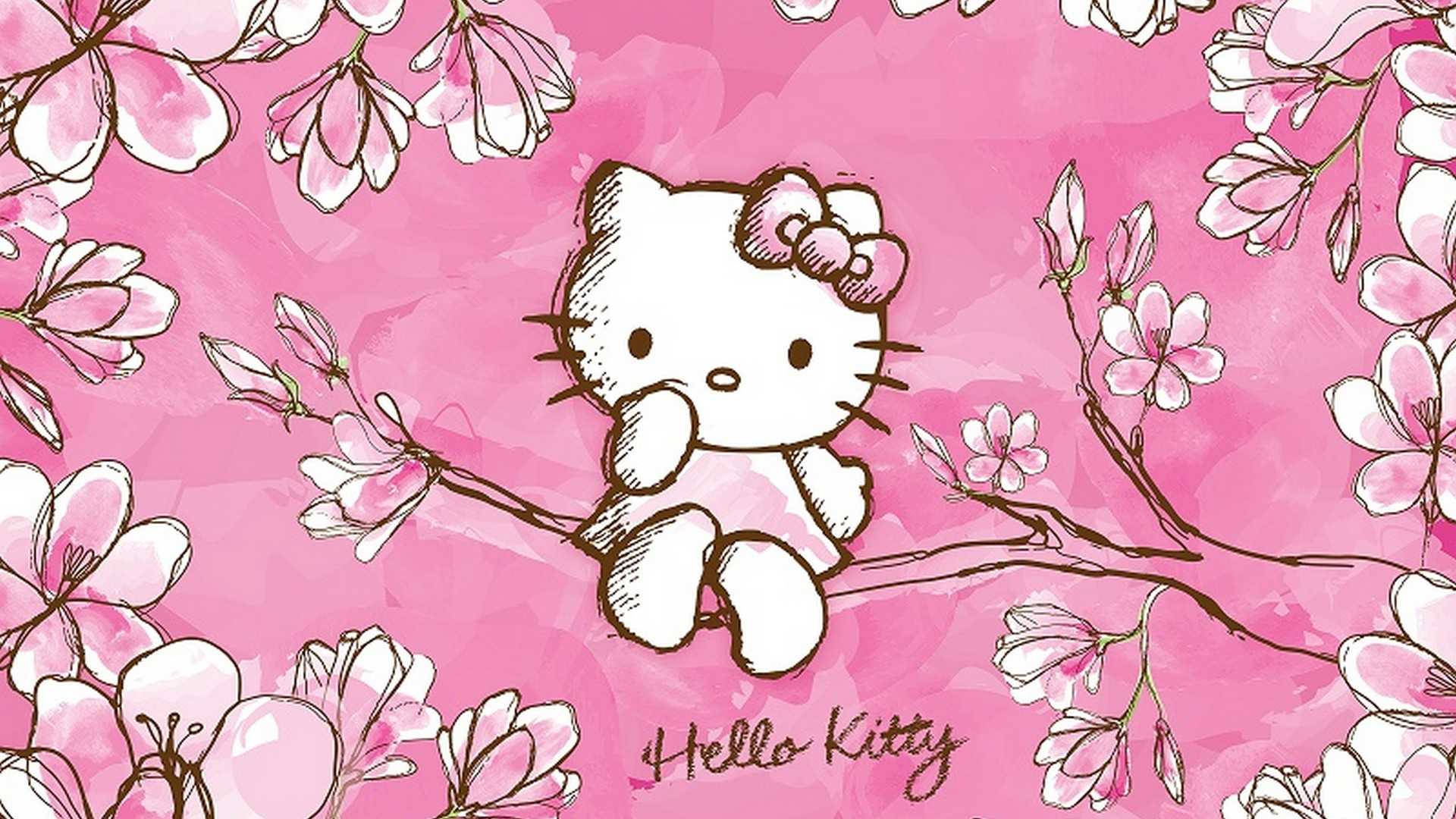 Hello Kitty sitting on a branch with pink flowers in the background