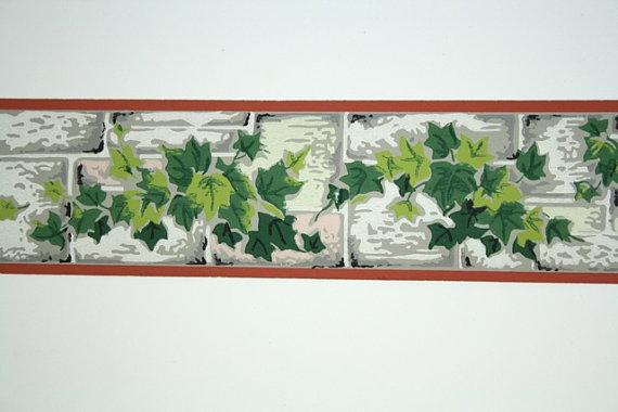 Vintage Wallpaper Border Trimz Green Ivy On Gray And Pink Bricks