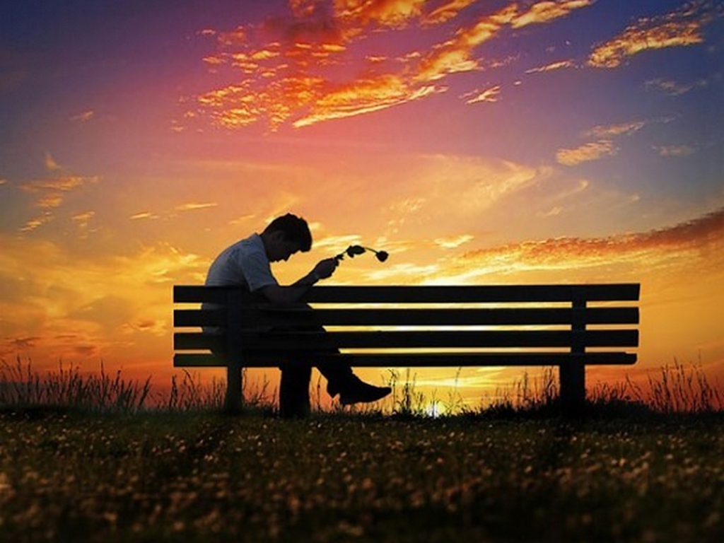 Silhouette of a lonely person sitting on a bench at sunset, holding a wilted flower, conveying a sense of sadness and loss