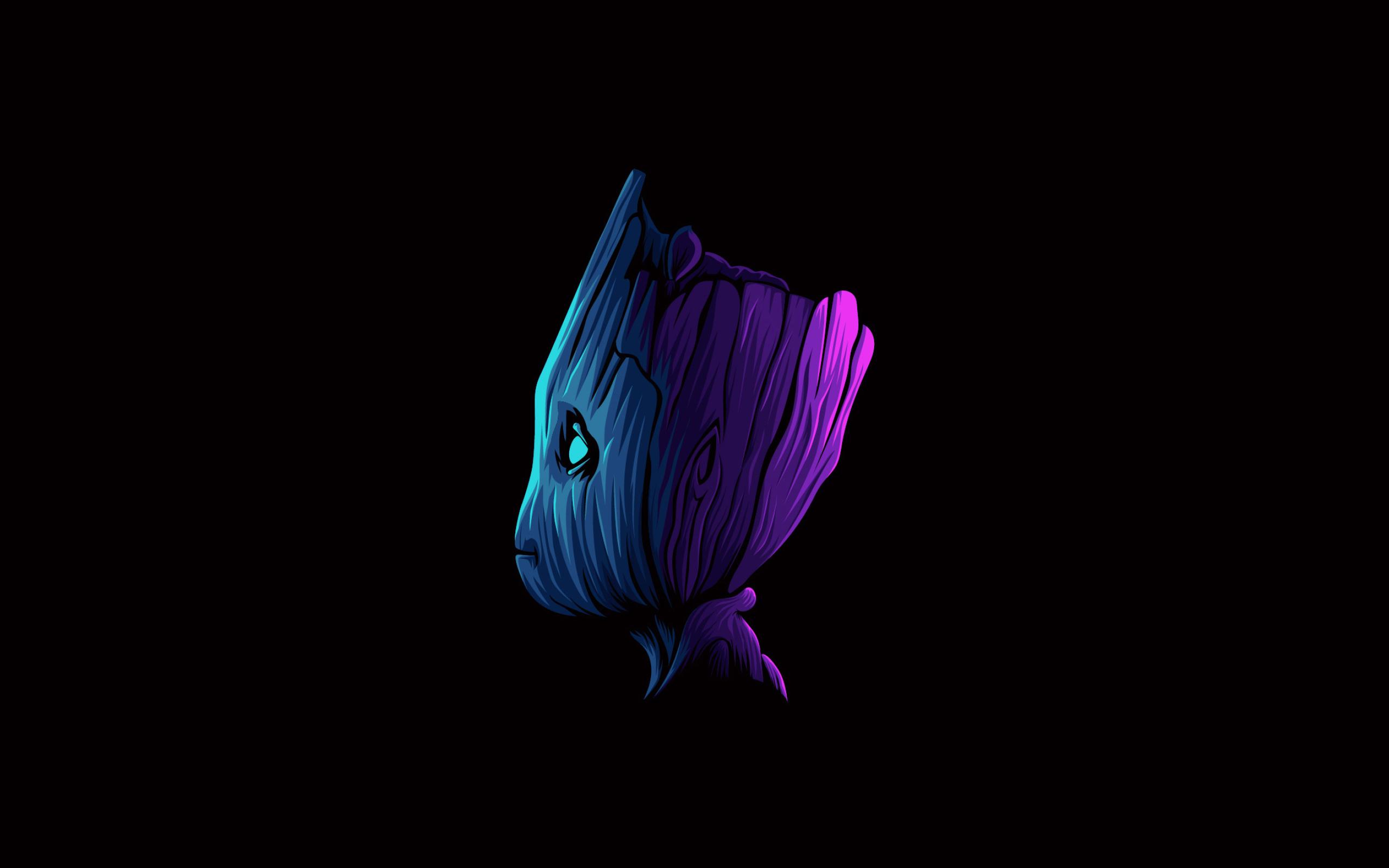 A vibrant, minimalist depiction of Groot, bathed in electric blue and purple hues against a stark black background, perfect for AMOLED screens