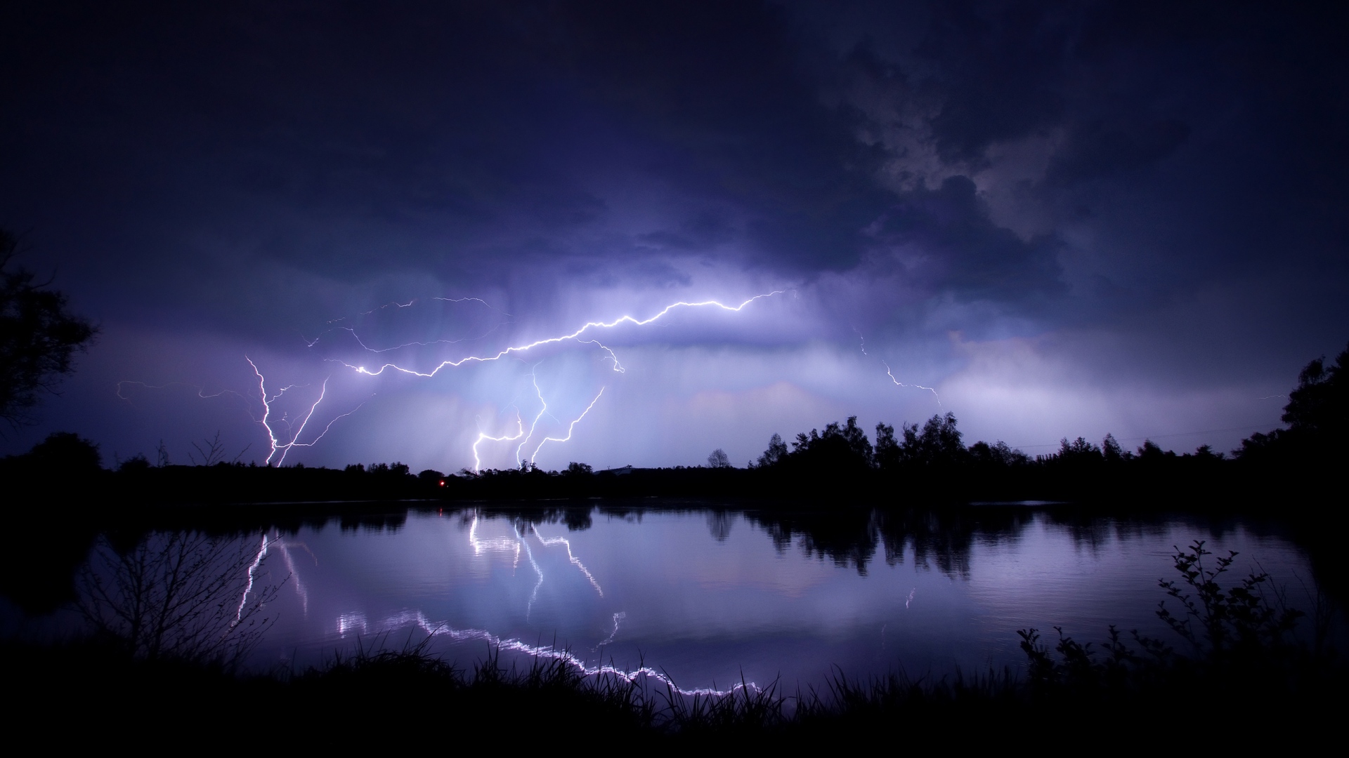 Lightning Water Reflection Elements Night Lake