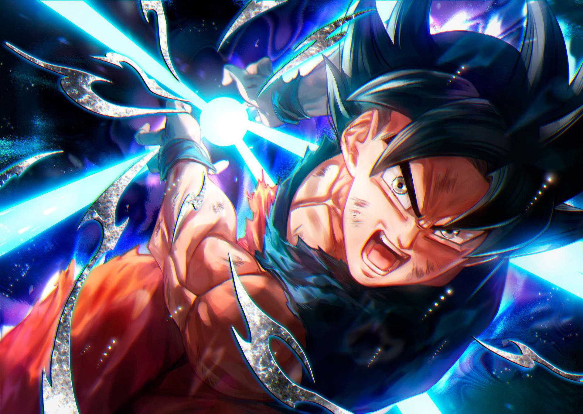 Dynamic anime wallpaper featuring Goku in a powerful pose, emitting bright energy blasts against a cosmic background