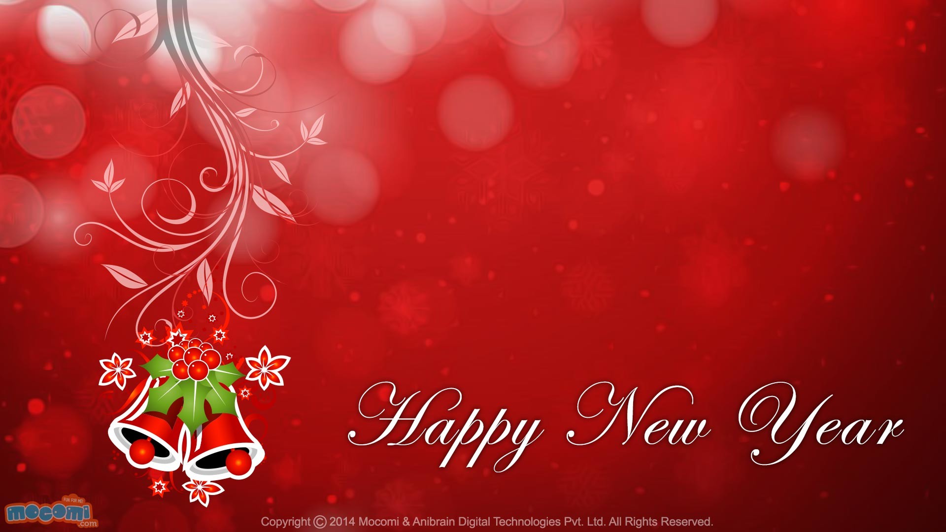 Red background with bokeh effect and decorative Christmas bells with holly leaves and 'Happy New Year' written in elegant white script