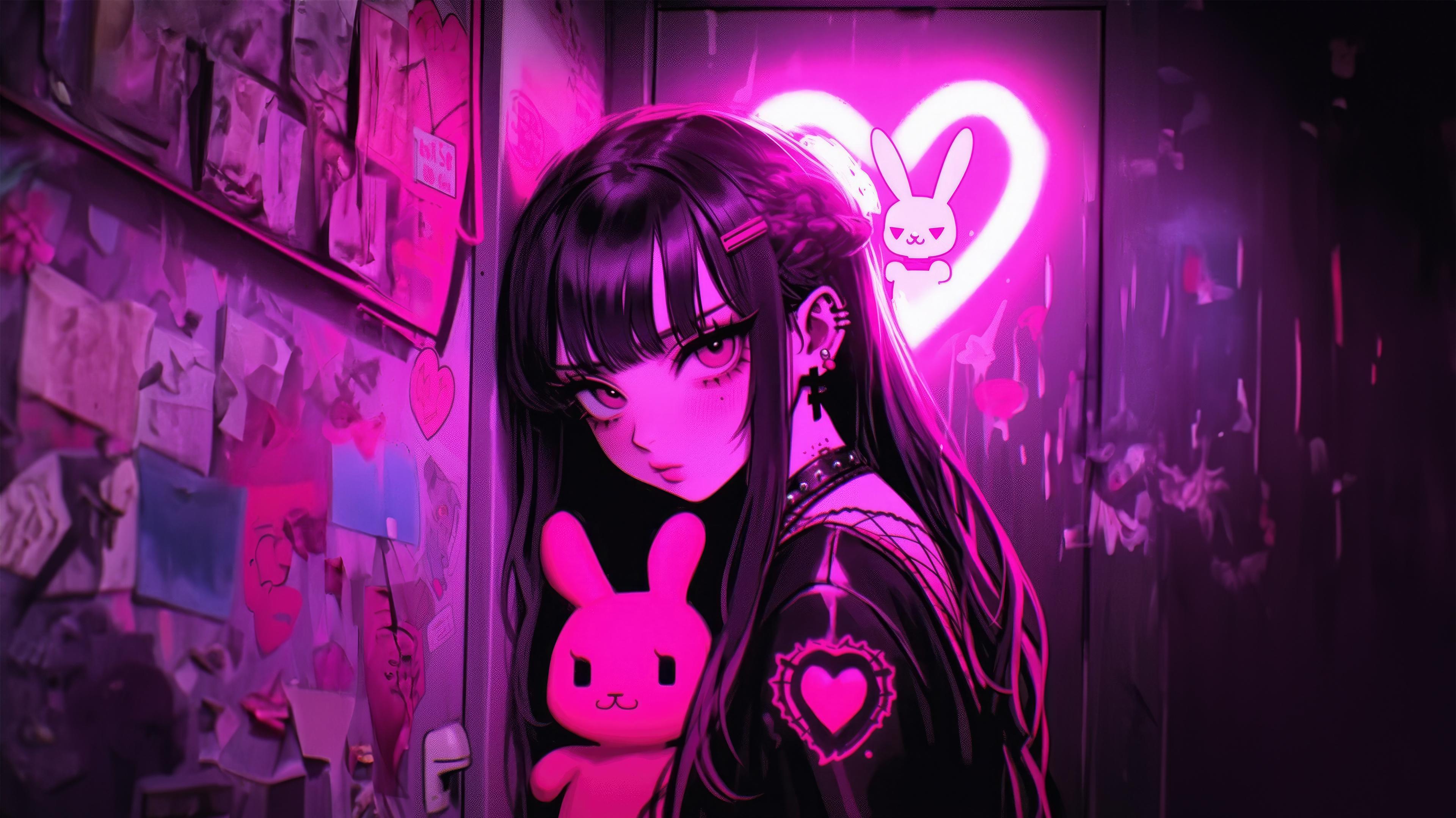 Kawaii Neon Anime Girl 4k HD Wallpaper Image