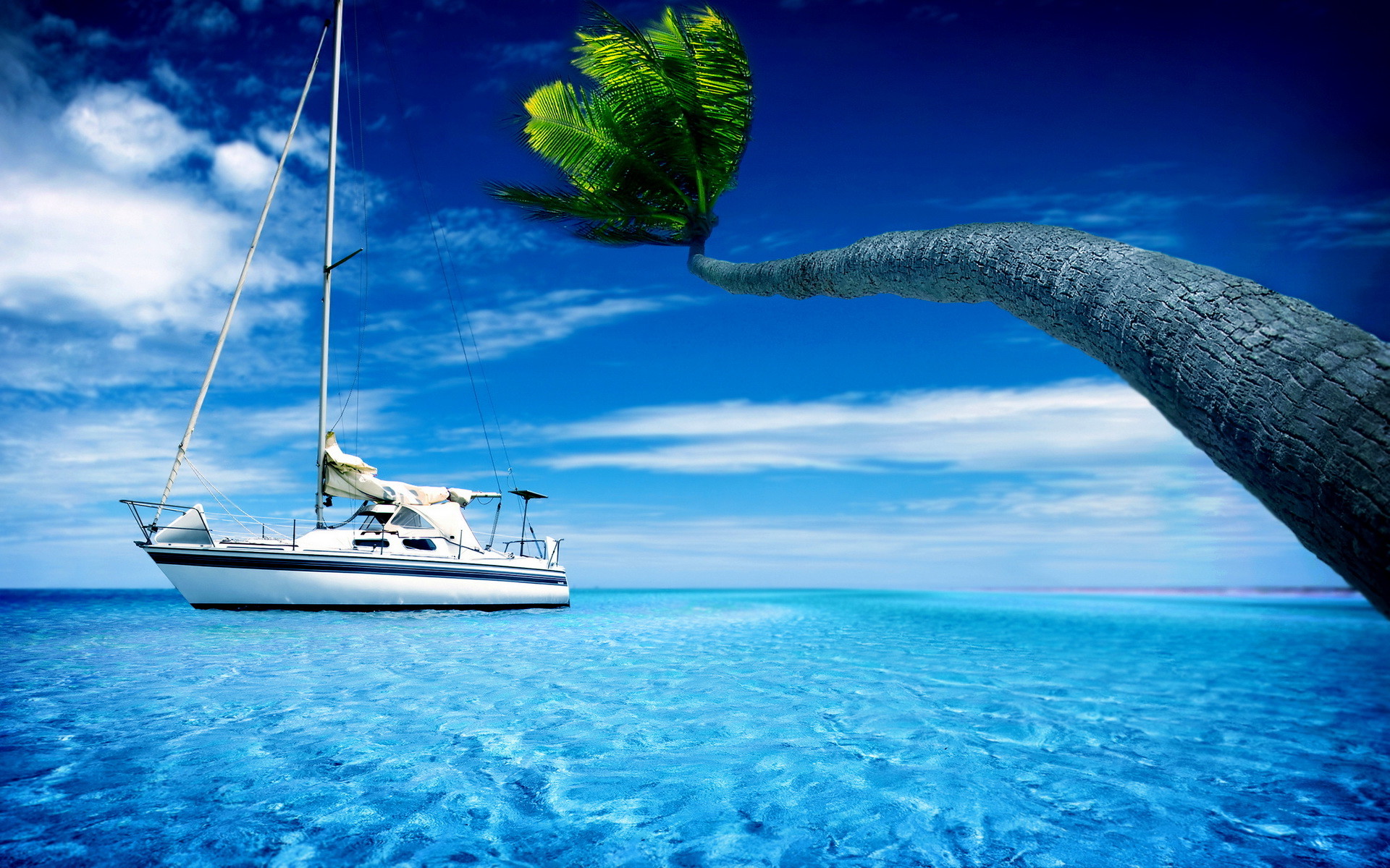 Sailboat at Anchor near Tropical Island 3D Render