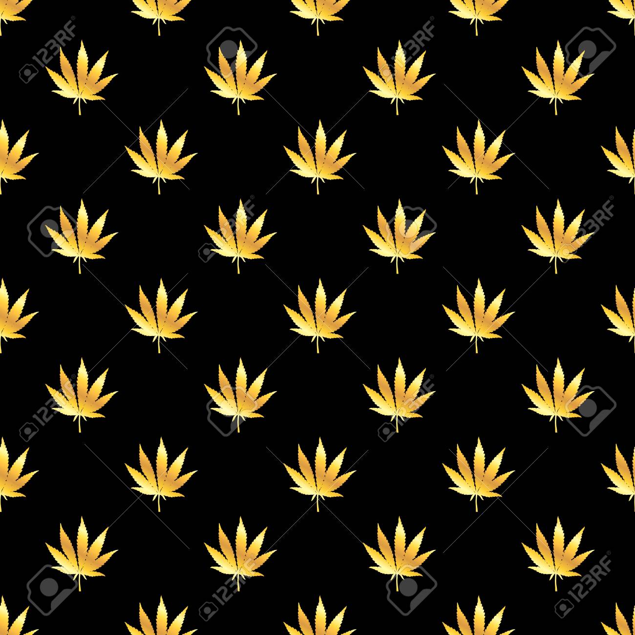 Golden Marijuana Leaf Seamless Pattern Hand Drawn Narcotic