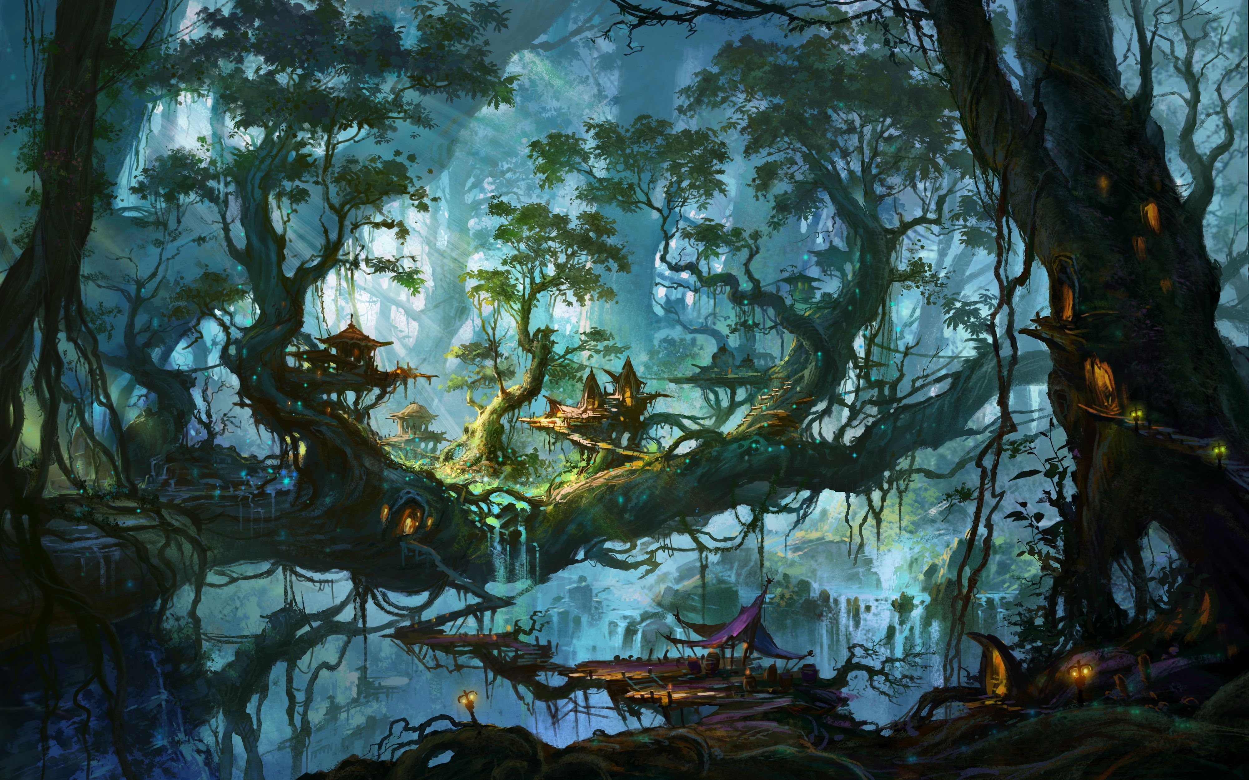 Wallpaper Trees Lights Kingdom Fantasy Art Elves Artwork