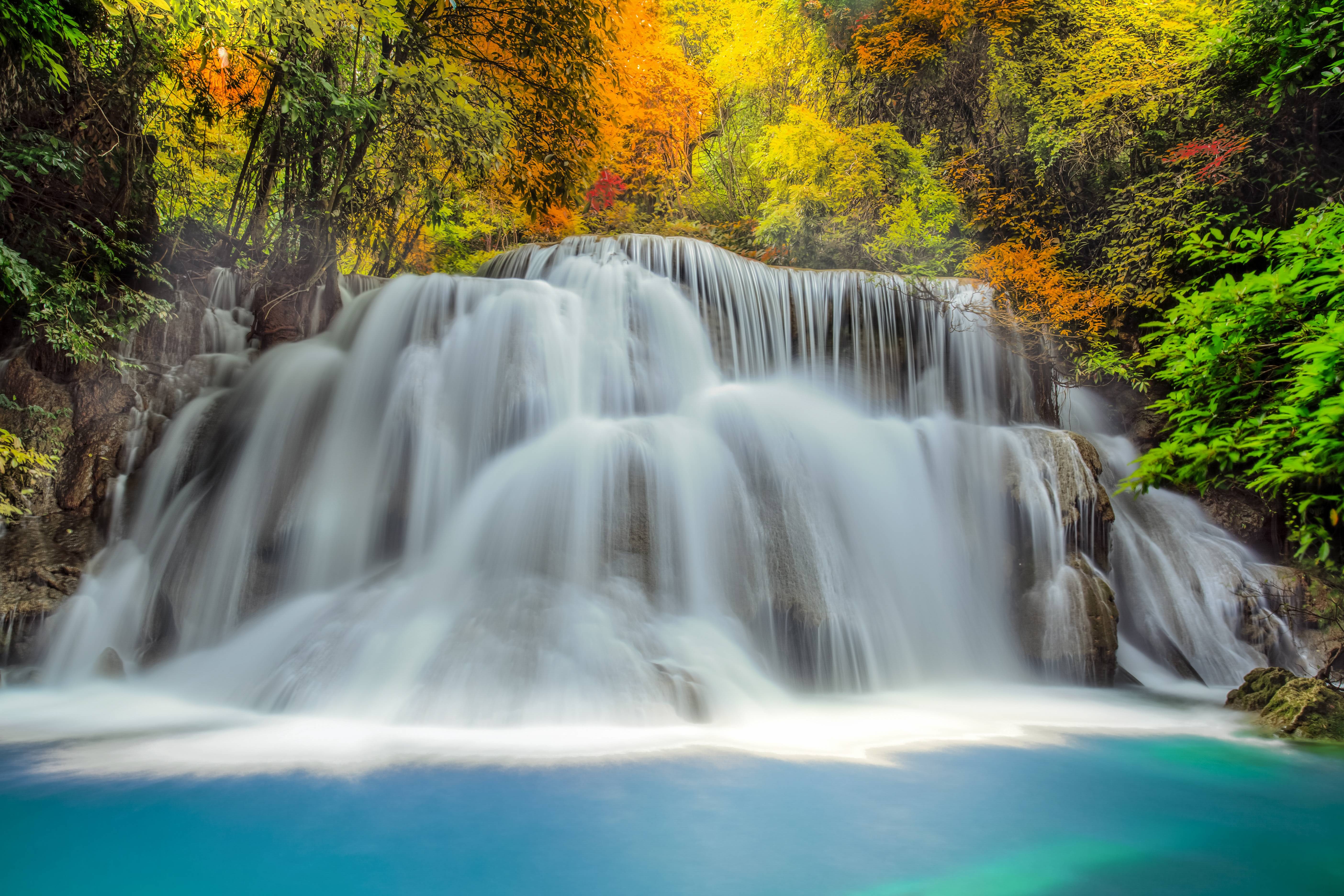 Erawan National Park Waterfall Fall Nature 4k Wallpaper