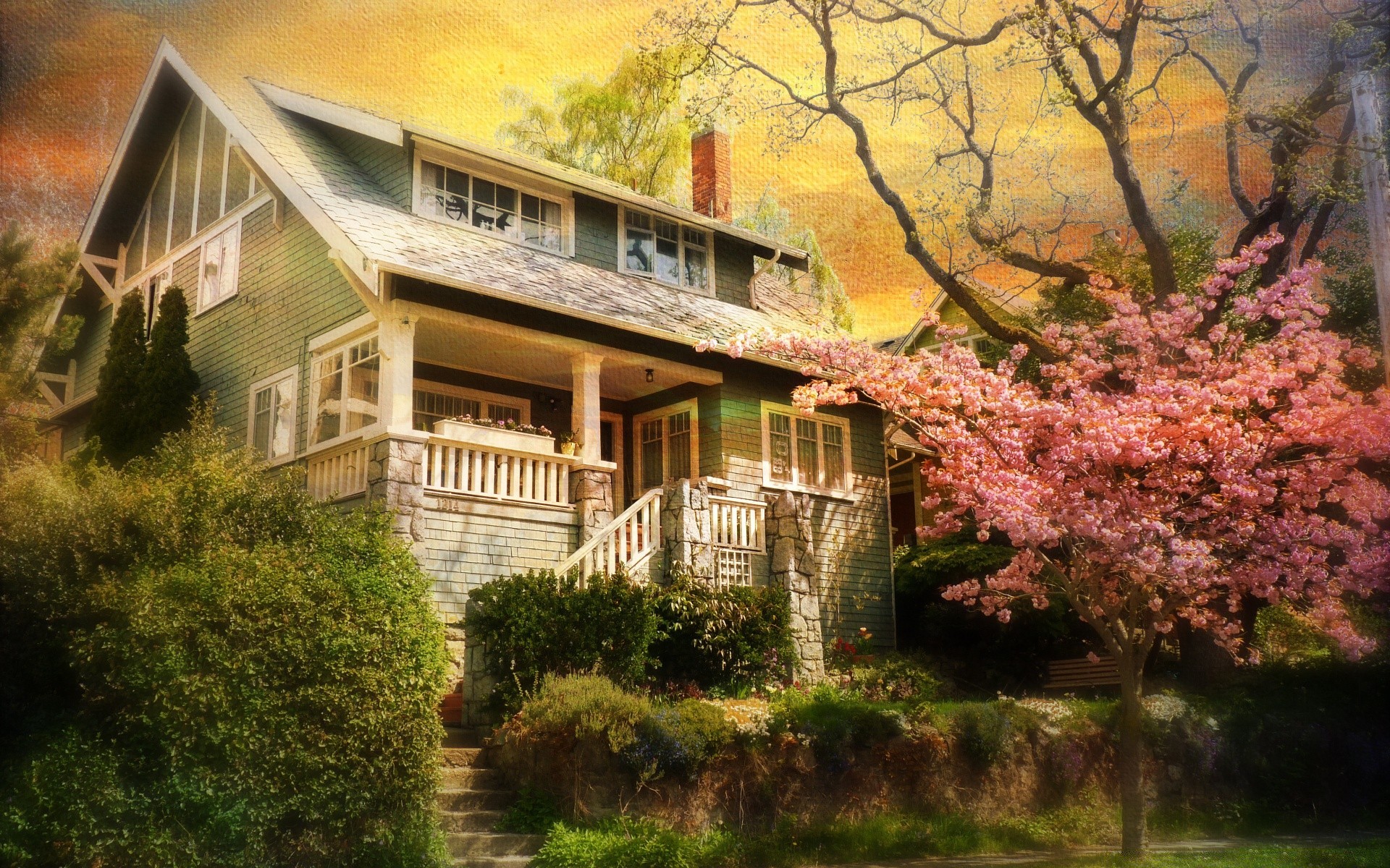 A charming craftsman-style house nestled in a cozy city setting, with a blooming cherry blossom tree in the foreground and a warm, inviting atmosphere