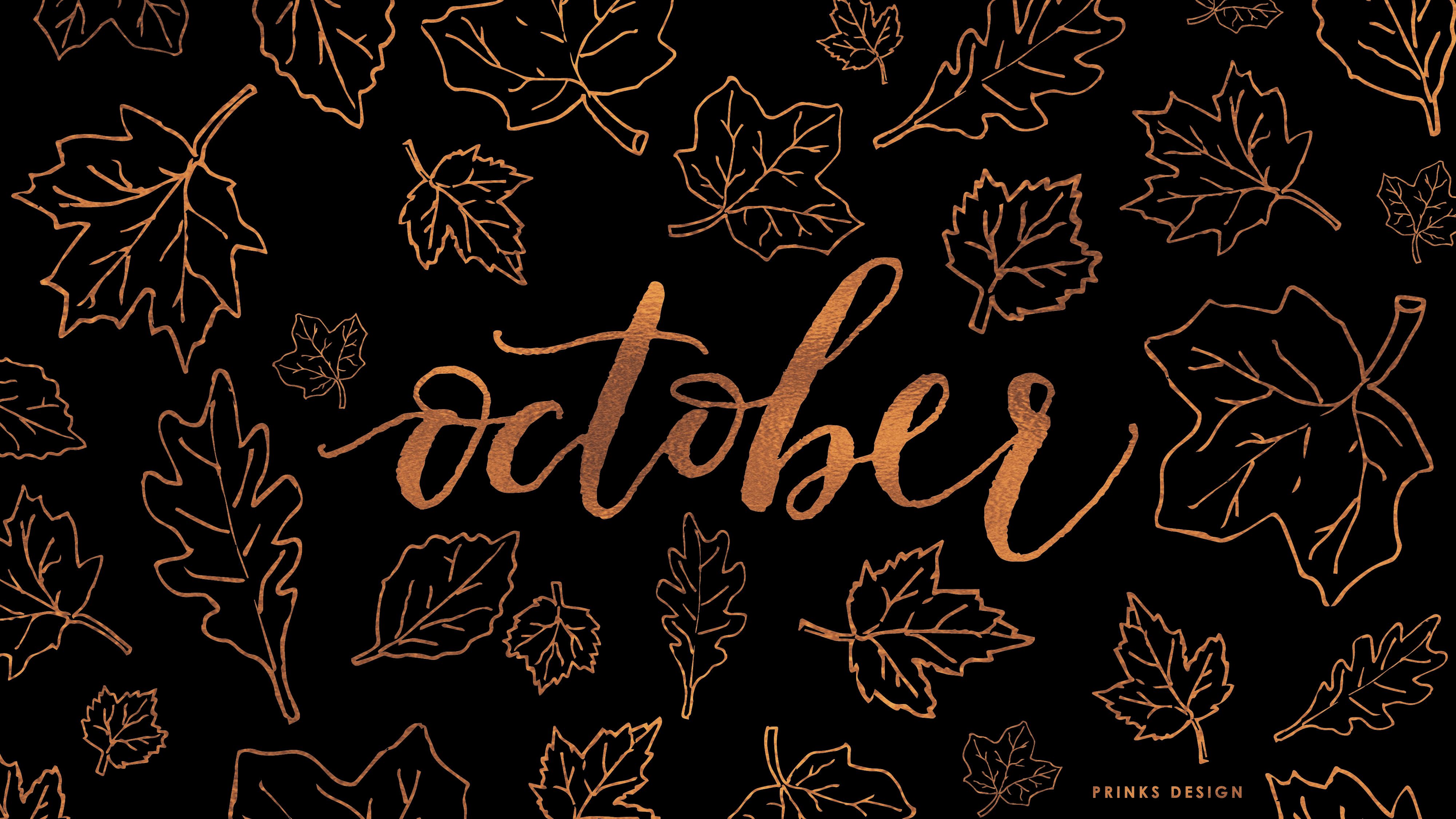 Stylish October Fall wallpaper with copper leaves on a black background