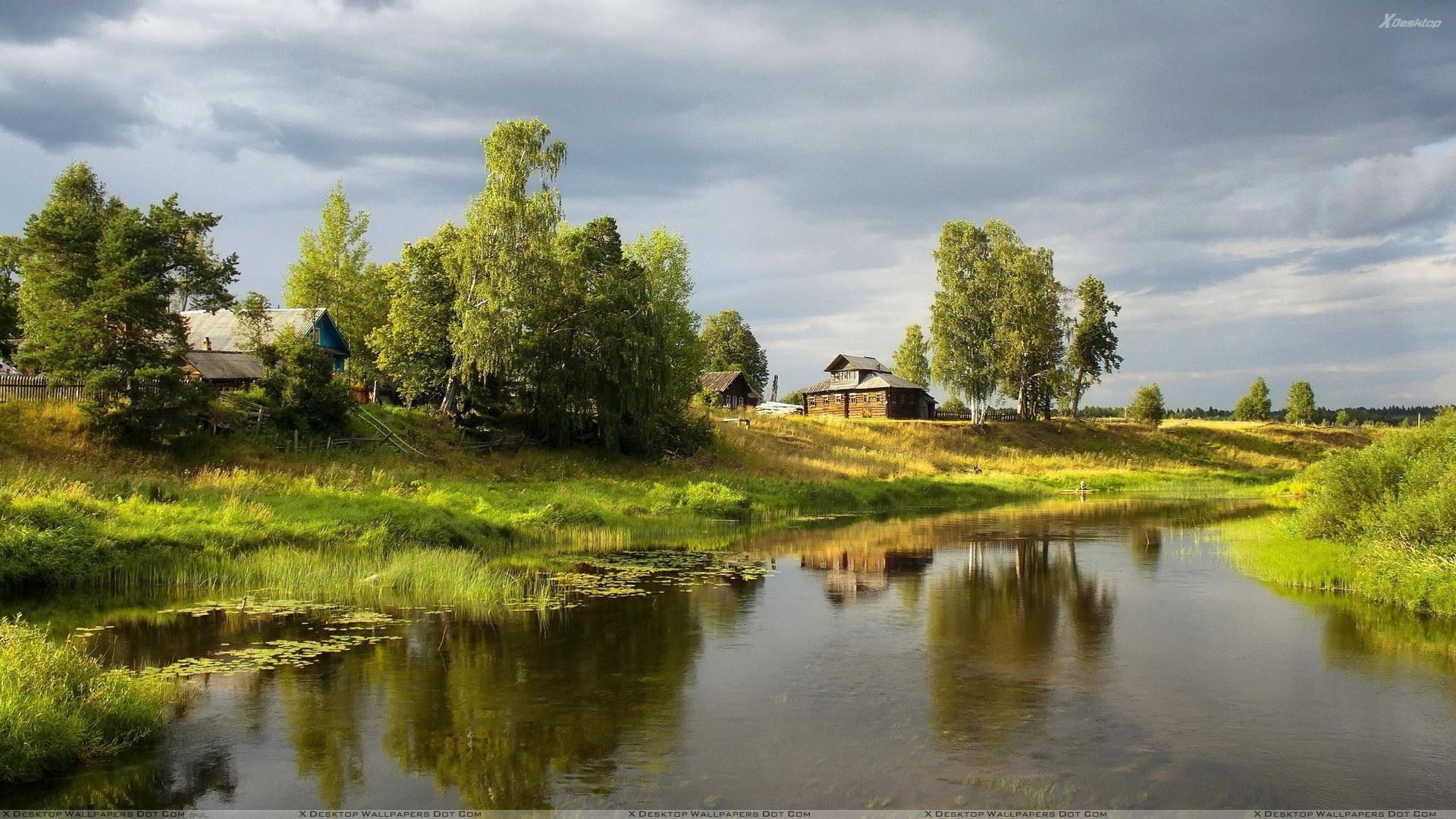 Amazing Scene Of Houses Near Small River Wallpaper