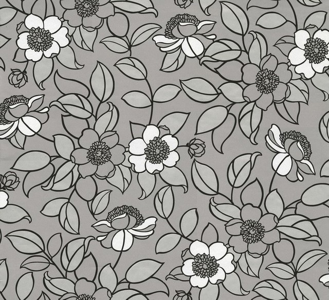 Stylized Floral Wallpaper Black And Gray Contemporary
